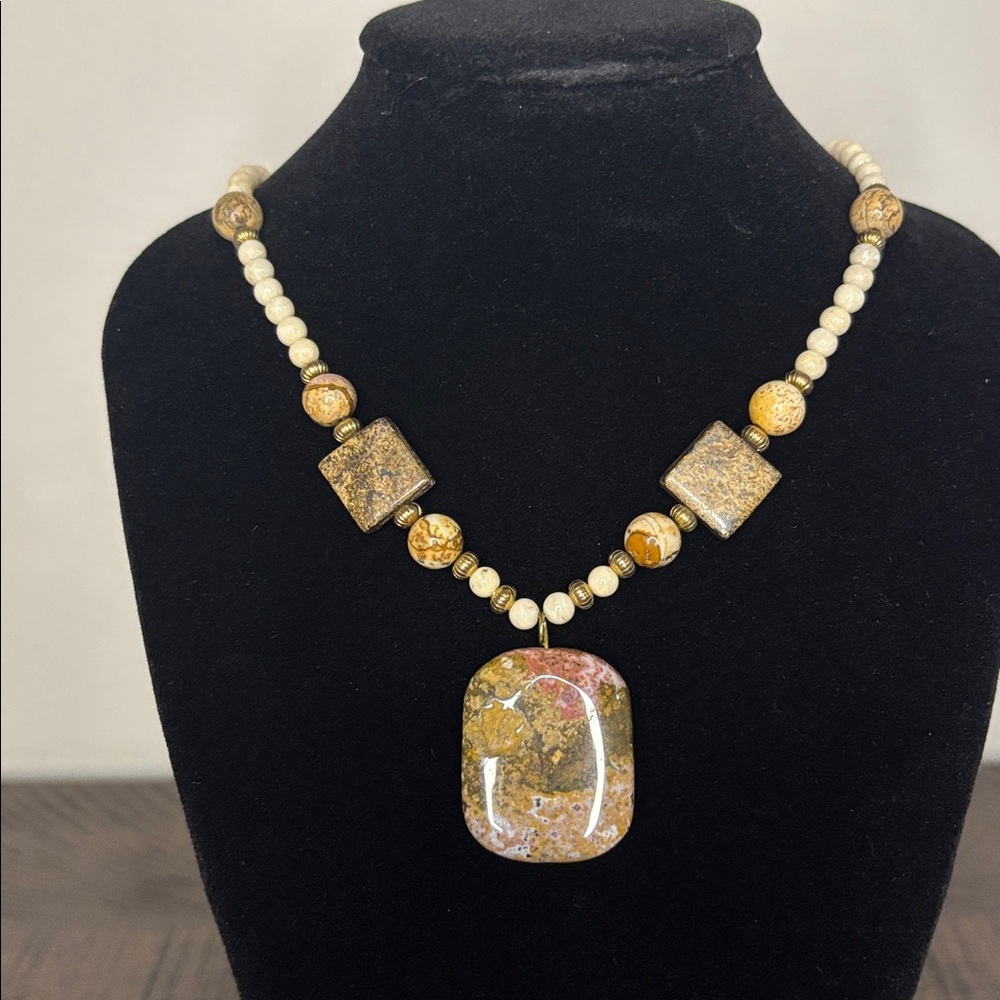 Statement Stone Beaded Necklace Earth Tone Pendant